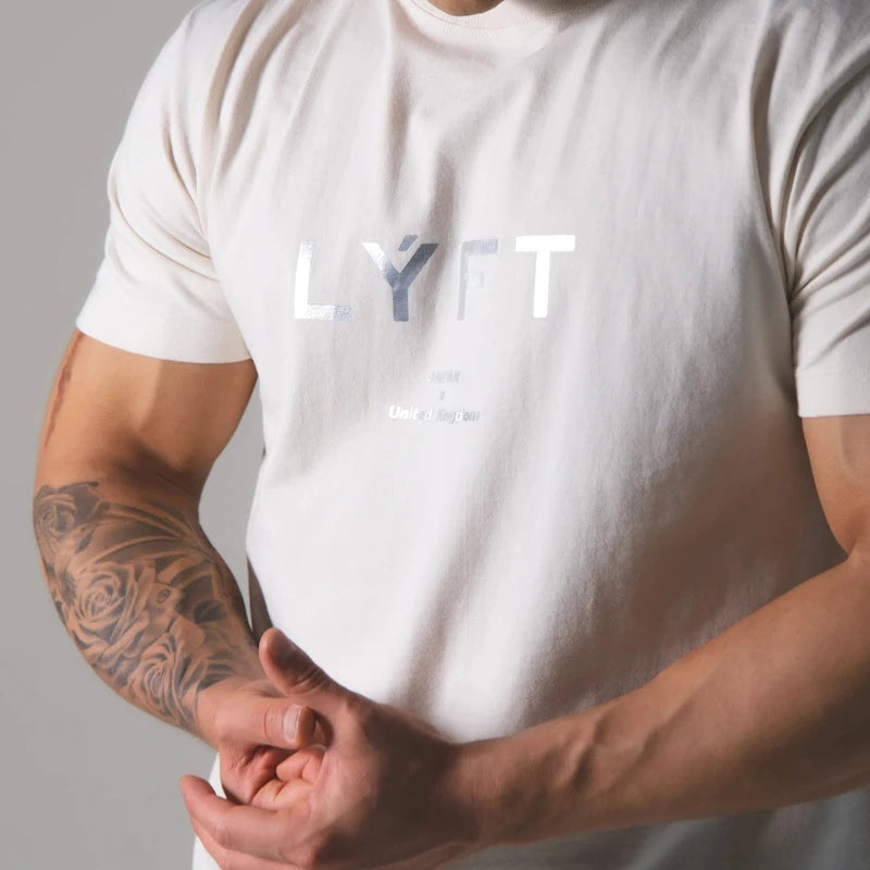 LYFT Summer GYM Shirt Running T Shirt Men 100% Cotton Loose Fit Short Sleeve Mens Fitness 