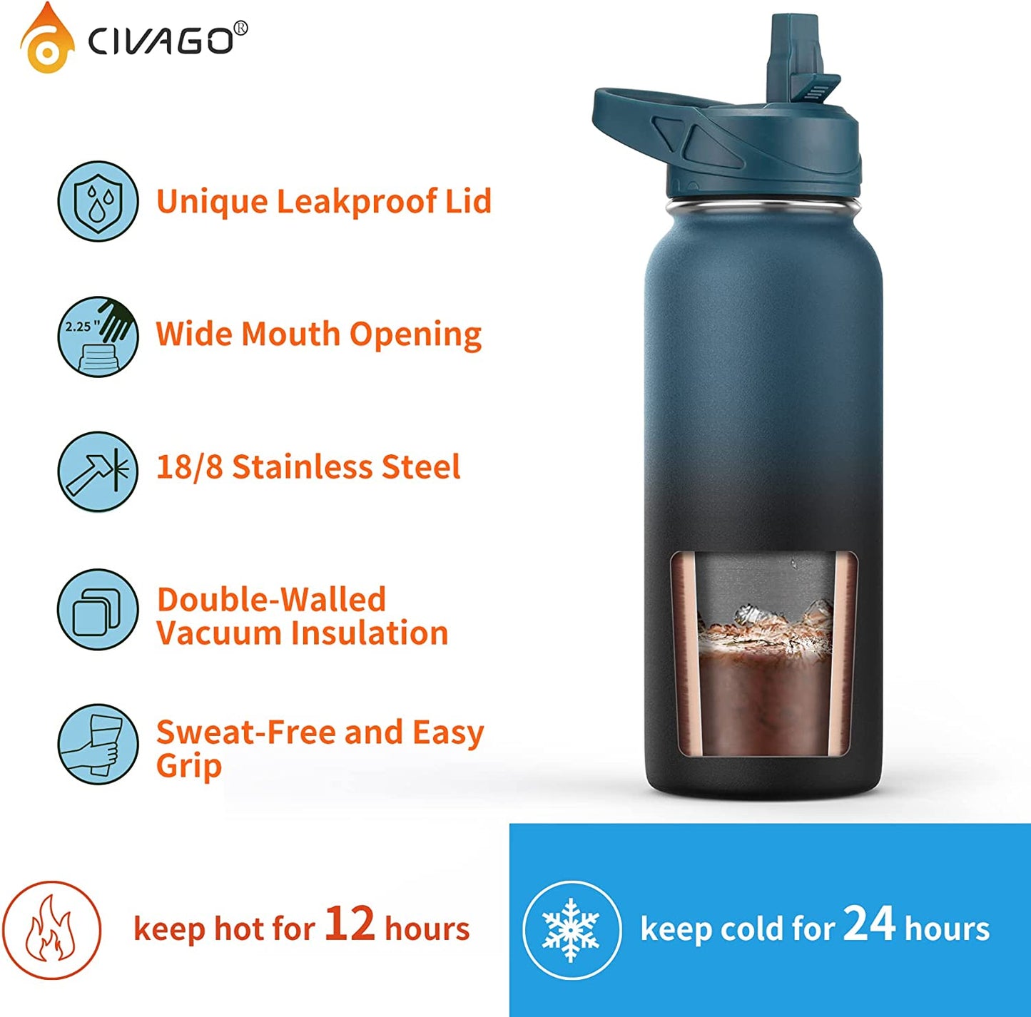 Civago 32 Oz Insulated Water Bottle with Straw, Stainless Steel Sports Water Cup Flask with 3 Lids In Dreamy Blush Color