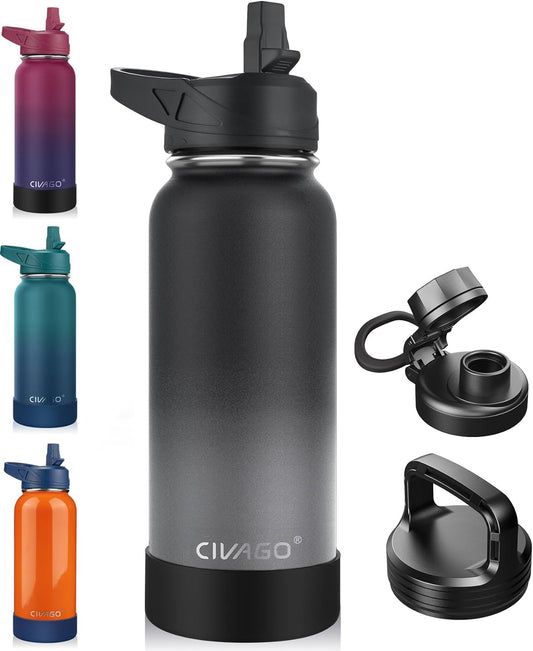 Civago 32 Oz Insulated Water Bottle with Straw, Stainless Steel Sports Water Cup Flask with 3 Lids (Straw, Spout and Handle Lid), Wide Mouth Travel Thermal Mug, Dreamy Black Gray