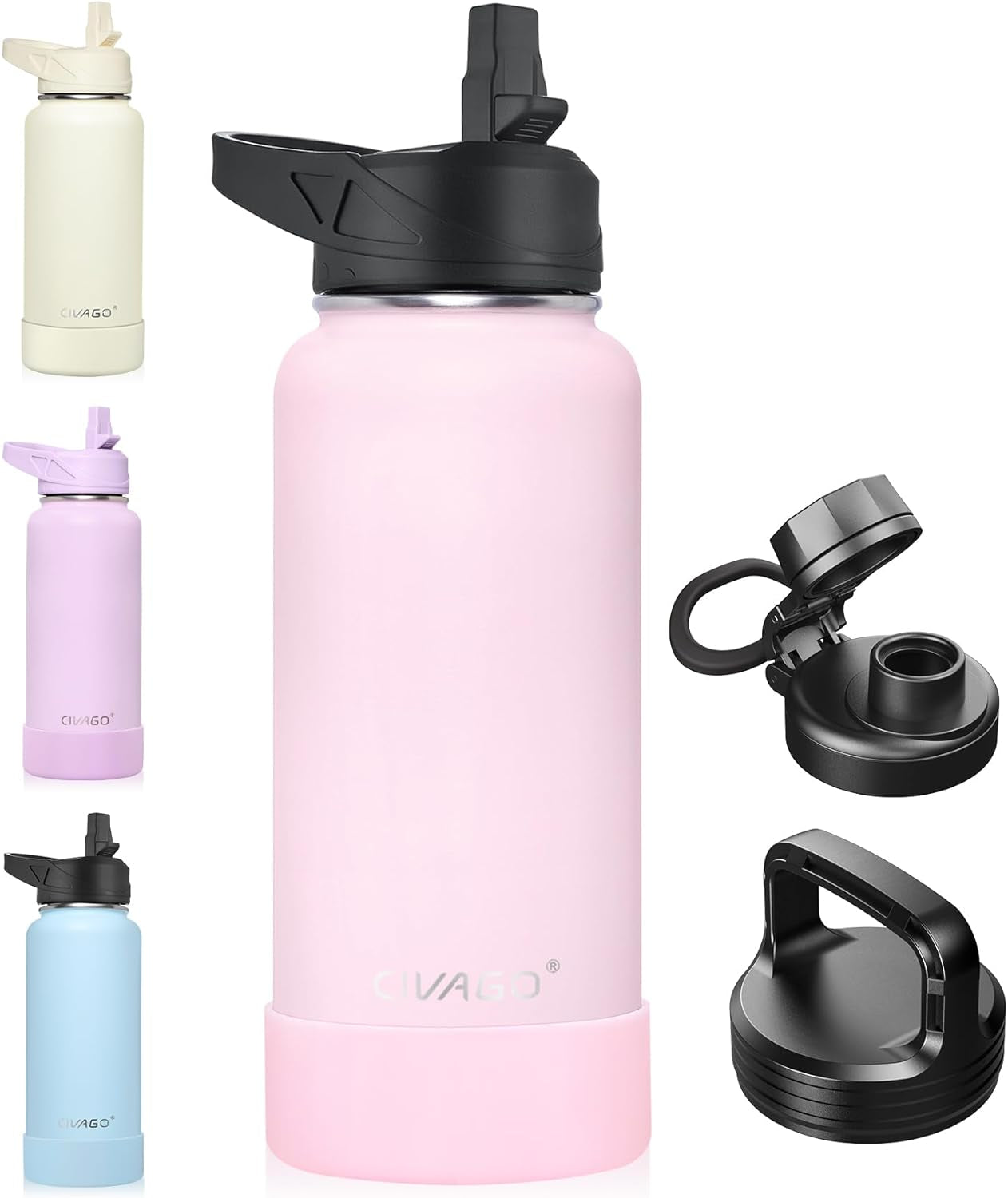 Civago 32 Oz Insulated Water Bottle with Straw, Stainless Steel Sports Water Cup Flask with 3 Lids In Dreamy Blush Color