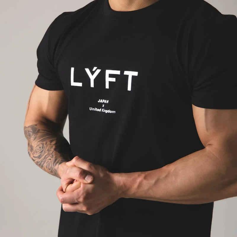 LYFT Summer GYM Shirt Running T Shirt Men 100% Cotton Loose Fit Short Sleeve Mens Fitness 