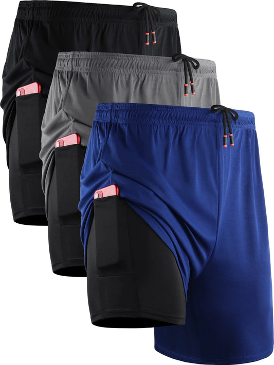 Neleus Mens 2 in 1 Dry Fit Workout Shorts Pair of 3 with Liner and Pockets,Black+Gray+Blue,Us Size L