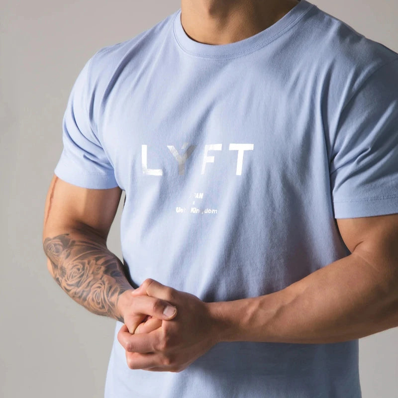 LYFT Summer GYM Shirt Running T Shirt Men 100% Cotton Loose Fit Short Sleeve Mens Fitness 